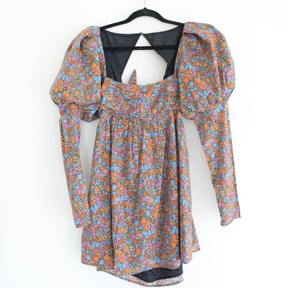 For Love & Lemons Brittany Mini Floral Revolve Dress 100% Cotton Puff Shoulder M - Picture 2 of 15